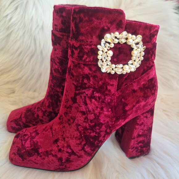 NEW JESSICA SIMPSON Embellished Buckle Crushed Velvet Block-Heel Booties Size 8 - Picture 3 of 13